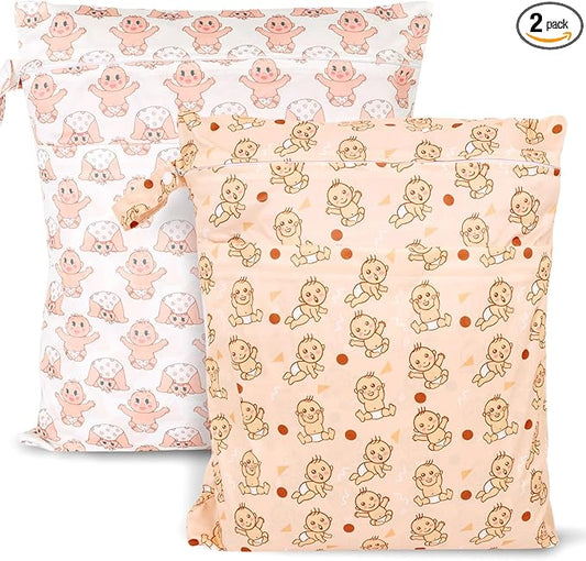 2pcs Travel Waterproof Laundry Bag, Cloth Diaper Wet Dry Bags with Handle & 2 Zipper Pockets, Reusable Washable Dirty Clothes Bag for Baby Adult Travelling Hanging, Bathing Beach Pool Daycare-CubbioJoy