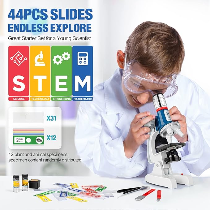 58-Piece Kids Microscope Kit - 100X-1200X Magnification, Metal Body, LED Light, Carrying Box - Science Experiment Toy for Kids Ages 5-12-CubbioJoy
