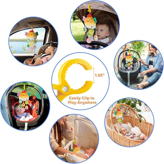 Car Seat Toy for Babies 0-6 Months, Stroller Toy with a Convenient clip, Carseat Toys Hanging Baby Accessories,Built-In Bell, Rattle,Squeaky,Mirror for infant,Babies Gift 0-3-6-12 months Boy Girl-CubbioJoy