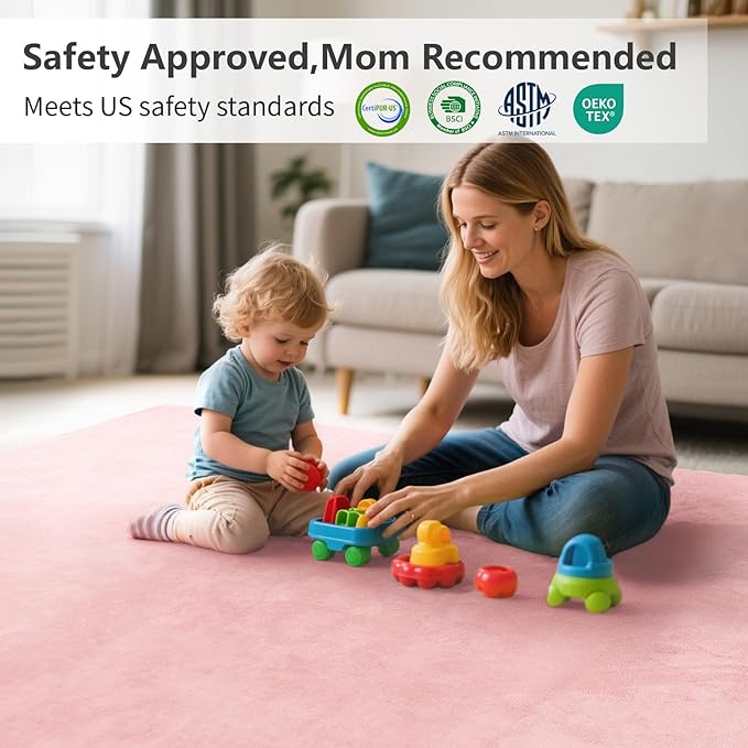 Baby Play Mat for Floor,1.3" Thick Elasti-Foam 50"×50" Playpen Mat for Tummy Time,Water Repellent Soft Coral Velvet for Toddler,Infant,Kids,Non-Slip Backing Safe for Crawling(Pink)-CubbioJoy