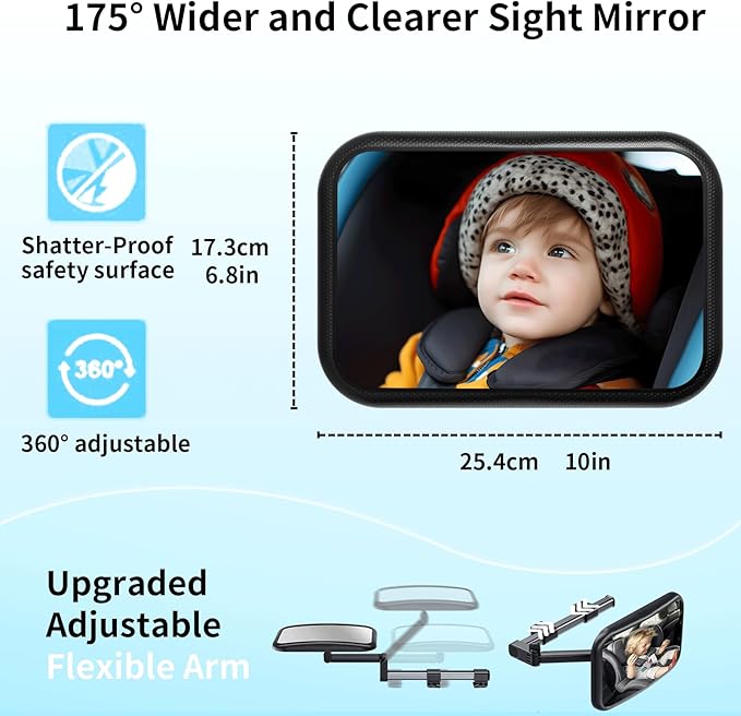 Baby Car Mirror Rear Facing, Safety Adjustable Car Seat Mirror for Baby Extendable Camera Monitor with Hook Clip Design Clear View ShatterProof + 2 Baby on Board Stickers,2 Seat Headrest Hook-CubbioJoy