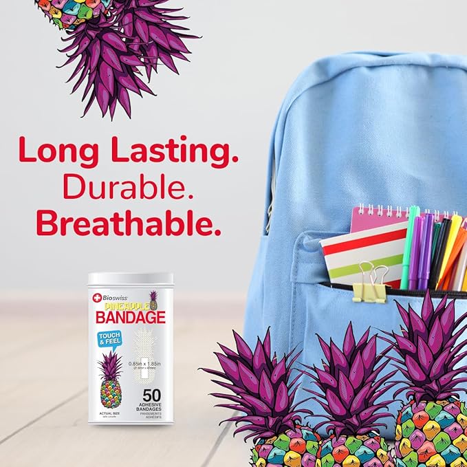 BioSwiss Bandages, Pineapple Shaped Self Adhesive Bandage, Latex Free Sterile Wound Care, Fun First Aid Kit Supplies for Kids, 50 Count-CubbioJoy