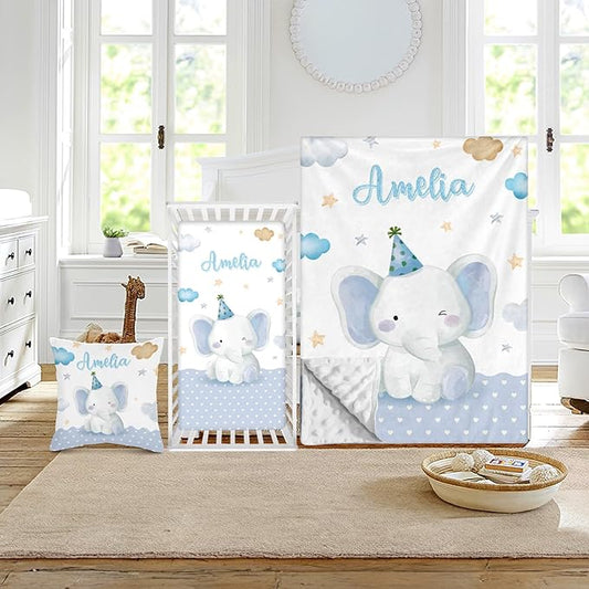 Custom Crib Bedding Set - Elephant Design Personalized Name Baby Nursery Bed 3 Pcs Set - Chic Soft Blanket with Dotted Backing, Sheet, Pillowcase for Newborn Girls Boys Gifts Color18-CubbioJoy