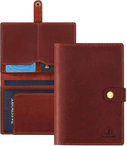 Jack&Chris Genuine Leather Passport Holder For Travel, RFID Blocking Handmade Passport Holder with Card Case Organized & Safe, Quality Travel Essentials for Women and Men for Gifting, Red-CubbioJoy