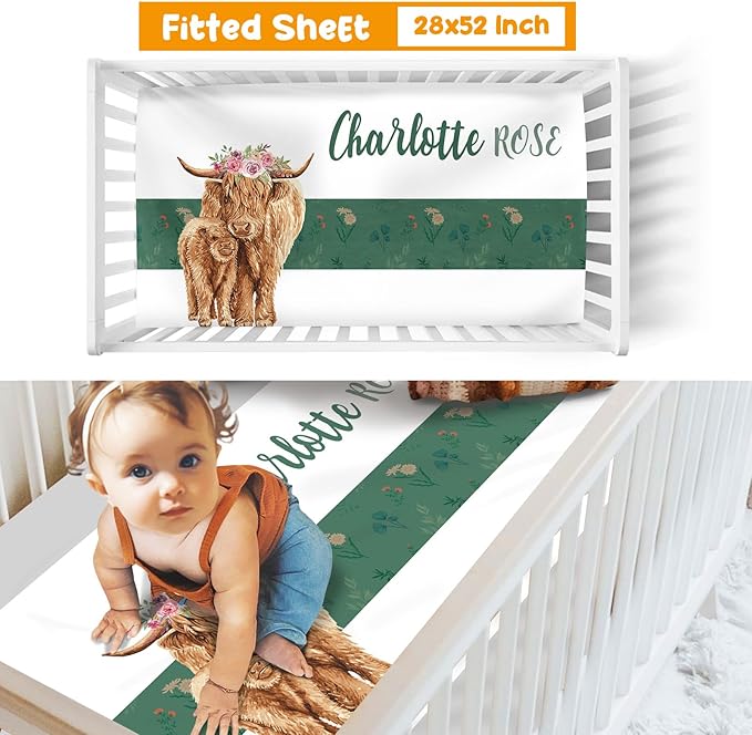 Custom Crib Bedding Set - Highland Cow Design Personalized Name Baby Nursery Bed 3 Pcs Set - Chic Soft Blanket with Dotted Backing, Sheet, Pillowcase for Newborn Girls Boys Gifts Color04-CubbioJoy