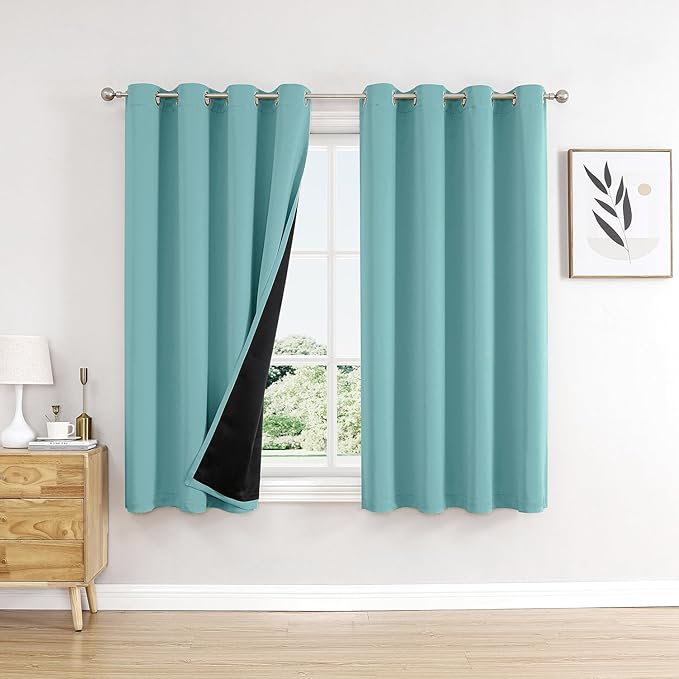 ChrisDowa 100% Blackout Curtains 54 inch Long for Bedroom with Black Liner, 2 Thick Layers Total Blackout Thermal Insulated Grommet Window Curtains 2 Panels Set (Aqua, 52 x 54 Inch)-CubbioJoy