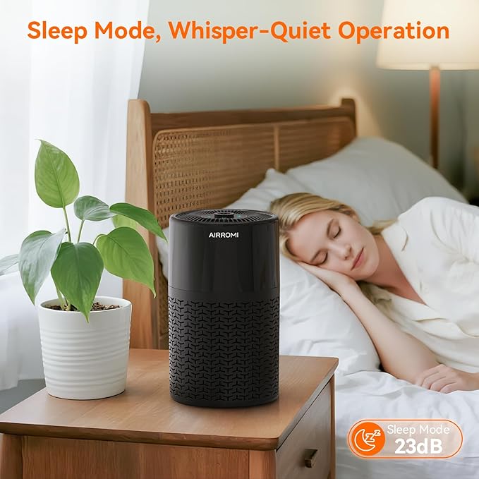 AIRROMI Pets Air Purifier for Home Allergies,Up to 660 ft².Yellow Deodorizing Activated Carbon Filter,With Fragrance Sponge for Better Sleep,Night Light,Pet Dander,Smoke,Odors,Air Cleaner A2002 Black-CubbioJoy