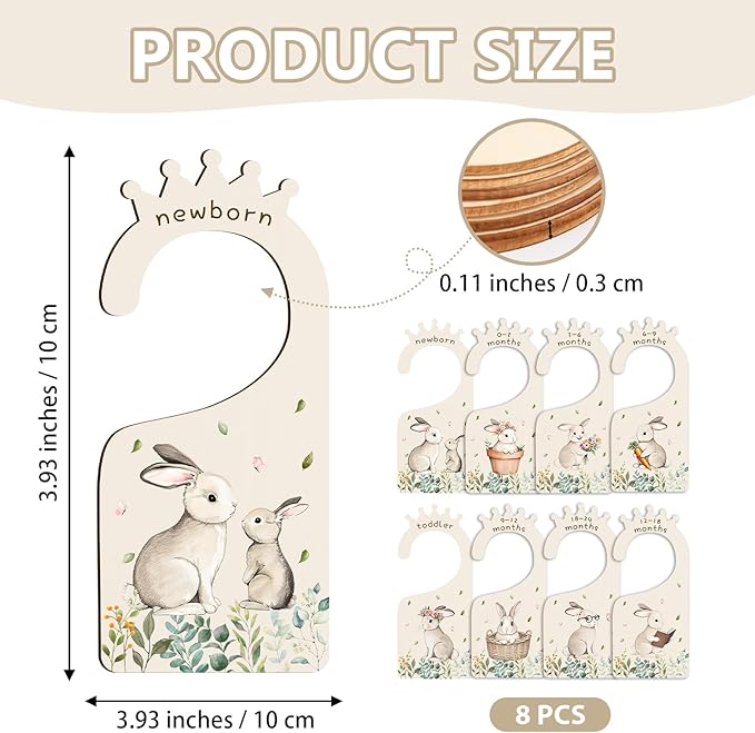Baby Clothes Dividers for Closet - Set of 8 Wooden Baby Size Closet Dividers Newborn to 24 Months, Rabbits Babies Clothes Organizer for Boys Girl Nursery Decor Gender-Neutral Newborn Hangers Dividers-CubbioJoy