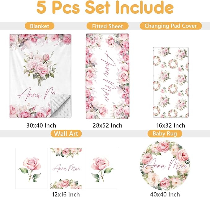 Custom Crib Bedding Set - 5 Pcs Personalized Name Pink Flowers Baby Crib Set for Infant Toddler Girl - Comfortable Double Layer Nursery Bedding Set - Customized Present for Birthday Baby Shower-CubbioJoy