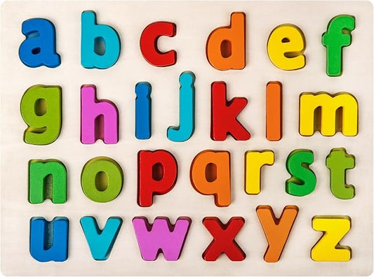 Alphabet Puzzle Wooden Puzzles for Toddlers 3 4 5 Year Old, ABC Puzzle Shape Alphabet Learning Puzzles Toys with Puzzle Board & Letter Blocks for Preschool Girls Boys Lowercase Letter Puzzle-CubbioJoy