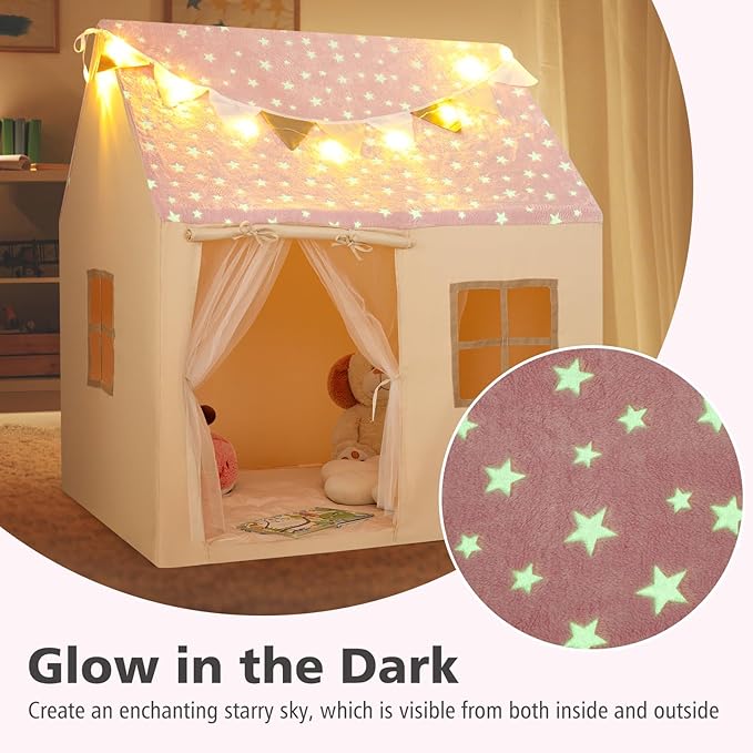 INFANS Kids Play Tent with Glow in The DarkWashable Mat Star Light Windows, Anti-Trip Large Playhouse Toys for Children Boys Girls, Indoor Outdoor Princess Tents Castle for Toddlers (Fluorescent Pink)-CubbioJoy