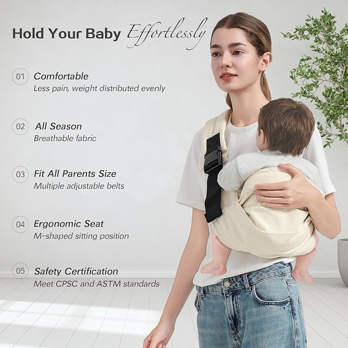Baby Sling Carrier, Toddler Carrier Sling with Double Safety Buckle and Adjustable Shoulder Strap(7-30lbs), Baby Carriers One Size Fits All, Beige-CubbioJoy
