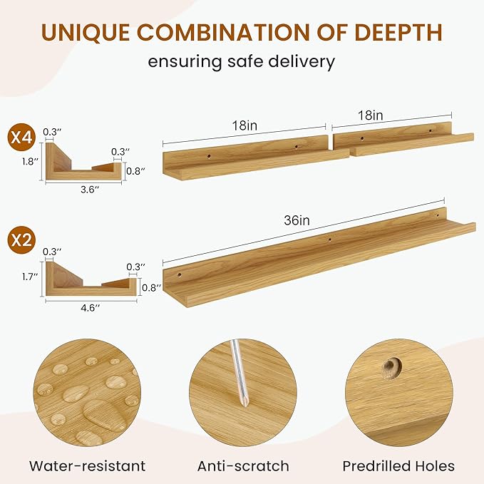 Axeman Picture Ledge Shelf, Floating Shelves for Wall Decor Storage Set of 6, 36 inch Floating Wall Mounted Shelves, Wall Shelves with Lip for Living Room, Bedroom, Nursery, Bathroom, Kitchen, Oak-CubbioJoy