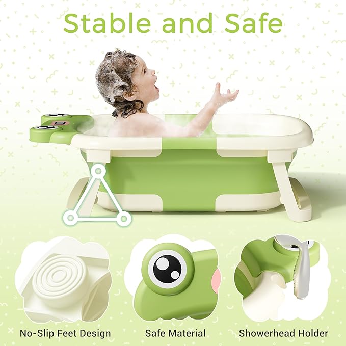 Baby Bathtub, Collapsible Newborn Bathtub for Infant to Toddler 0-24 Months with Soft Cushion and Thermometer,Portable Travel Newborn Tub with No-Slip Feet, Baby Shower Gifts,Green-CubbioJoy