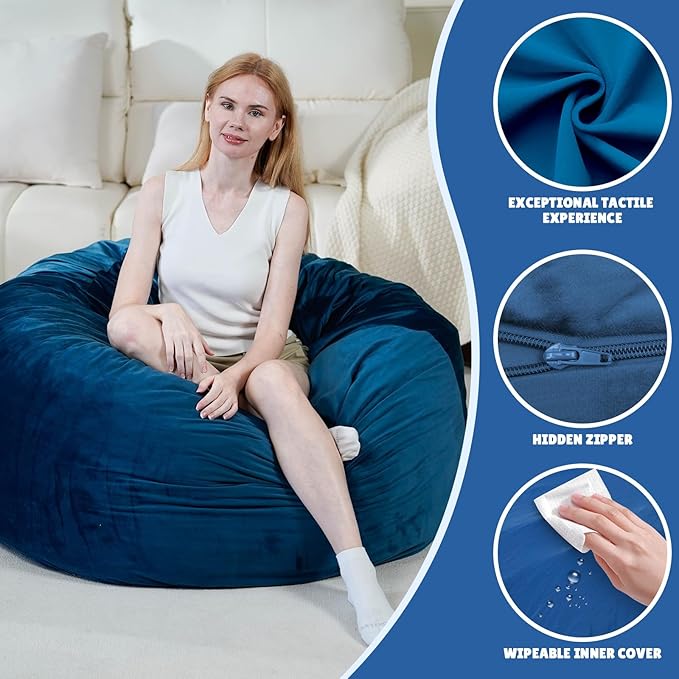 Bmag Giant Bean Bag Chair for Adults, 6FT Bean Bag Chair Convertible Bean Bag Pad, Lazy Sofa Chairs with Memory Foam Filler, Removable Washable Cover for Living Room Bedroom Office - Blue-CubbioJoy