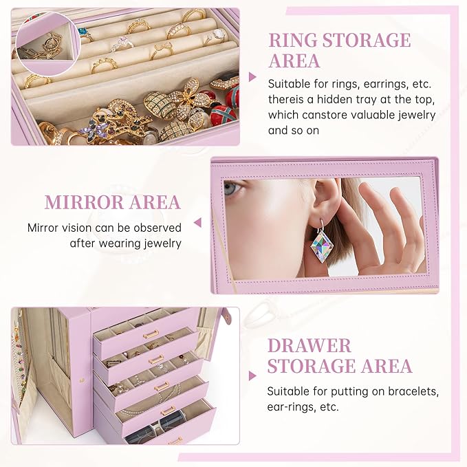 AKOZLIN Huge Jewelry Box Organizer Functional Large Leather Jewelry Storage Case for Women Girls Ring Necklace Earring Bracelet Holder Organizer with Mirror-CubbioJoy