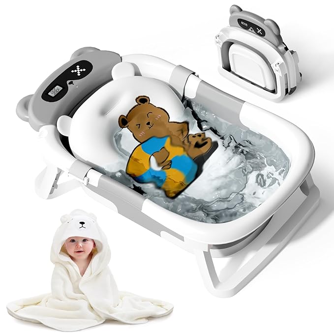 Collapsible Baby Bathtub for Newborn to Toddler (0-18 Month) - Portable Baby Bath Tub for Travel, Newborn Bathtub with Soft Towel and Floating Cushion (Gray)-CubbioJoy