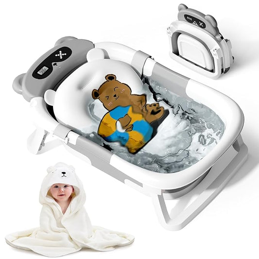 Collapsible Baby Bathtub for Newborn to Toddler (0-18 Month) - Portable Baby Bath Tub for Travel, Newborn Bathtub with Soft Towel and Floating Cushion (Gray)-CubbioJoy