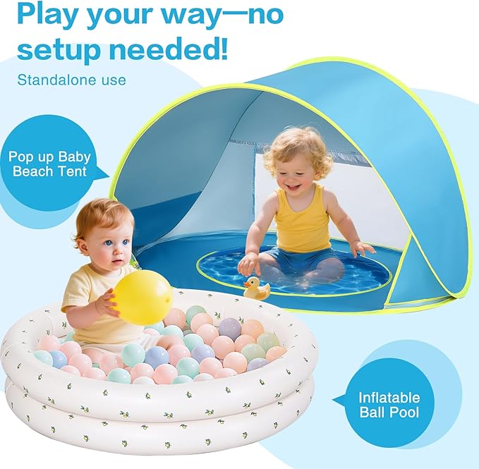 Baby Beach Tent Canopy: with Inflatable Kiddie Swimming Pool Toys - UPF50+ UV Protection Pop Up Sun Shelter Tent & Small Pool - Beach Essentials for Infant Toddlers-CubbioJoy