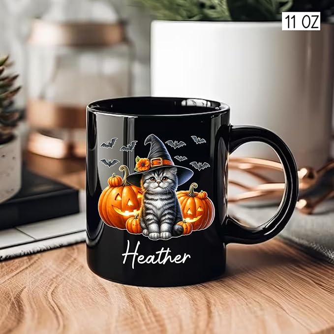 Customized American Shorthair Wearing Witch Hat Cup, Personalized Name American Shorthair Coffee Mugs, Cat with Pumpkins Ceramic Cups, Cat Halloween Black Mug 11oz 15oz, Gift for Halloween-CubbioJoy