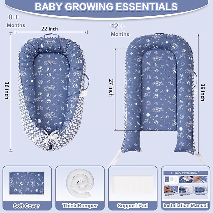 Baby Lounger - Infant Lounger for Newborn 0-24 Months, Breathable & Soft Baby Lounger Cover, Portable Infant Lounger for Home and Travel, Babies Essentials Gifts - Blue-CubbioJoy