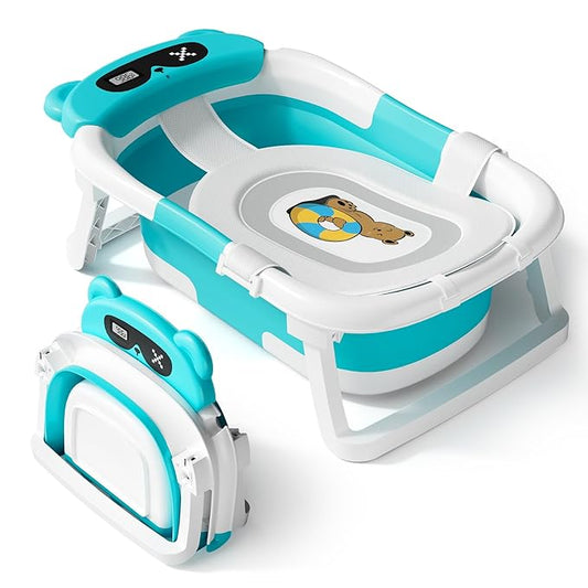 AVIDOR Baby Bathtub,Collapsible Bathtub for Newborn to Toddler,Durable Essential Infant Bath Tub,Portable Travel Baby Bathtub with Soft Cushion,No-Slip Hanging and Detachable Bathtub(Blue)-CubbioJoy