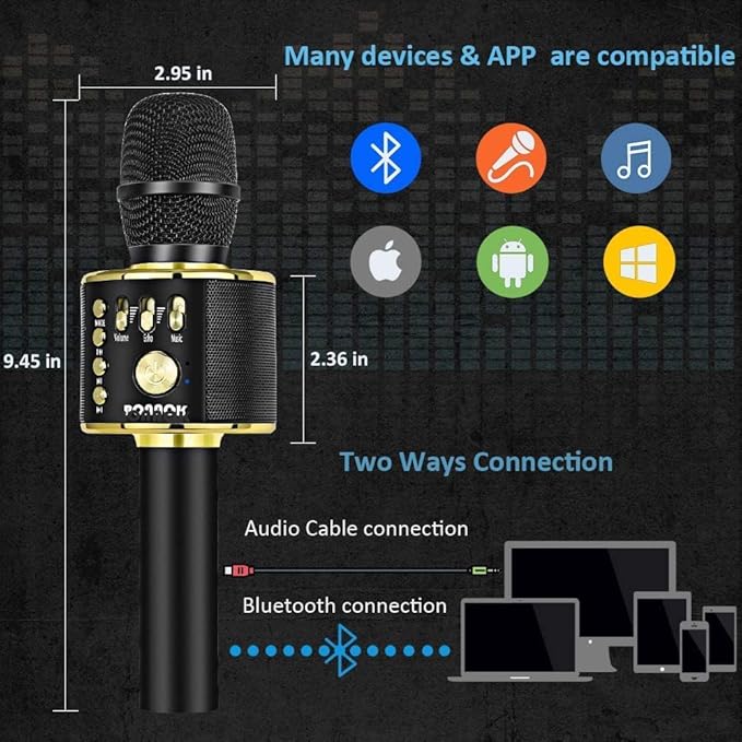 BONAOK Wireless Bluetooth Karaoke Microphone, 3-in-1 Portable Handheld Mic Speaker Machine for All Smartphones, Gifts to Girls Boys Kids Adults All Age Q37(Black Gold)-CubbioJoy