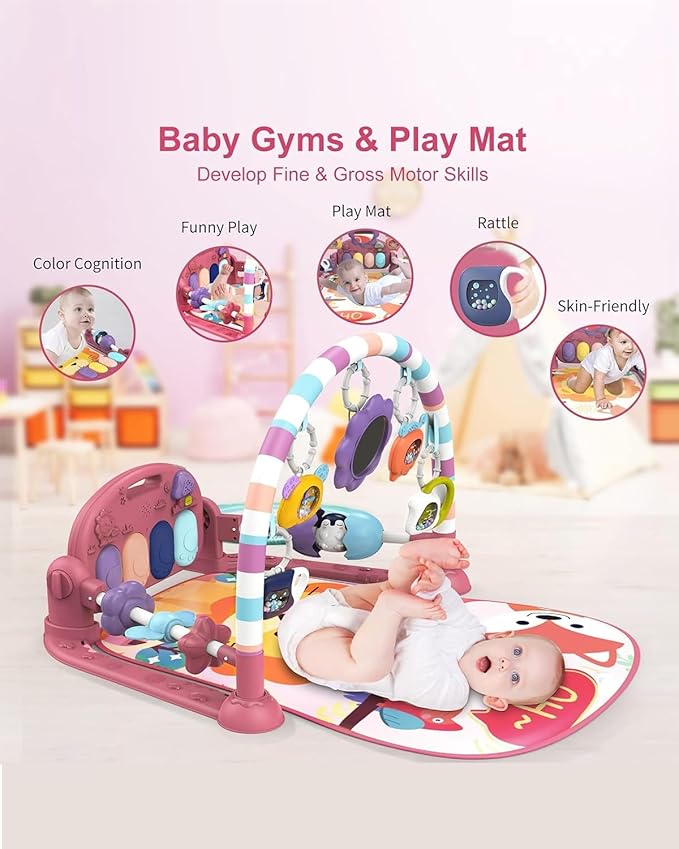 dearlomum Baby Play Mat Gym, Funny Play Piano Tummy Time Activity Mat with 5 Infant Sensory Toys, Music and Lights, Boy & Girl Gifts for Newborns 0 to 3 6 9 12 Months(New Pink)-CubbioJoy