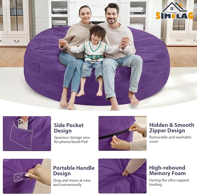 7FT Bean Bag Chair, Large Bean Bag Chairs with Memory Foam Filled, Fluffy Beanbag Sofa with Dutch Velvet Cover, Round BeanBag Chairs for Living Room, Playroom - Purple-CubbioJoy