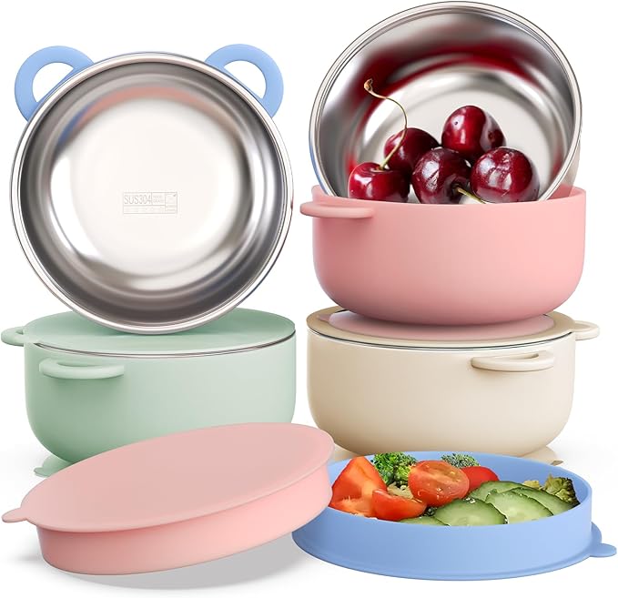 Baby Suction Bowls with Lids 4-Pack, 2-in-1 Stainless Steel 304 Toddler Bowl & Removable Silicone Suction Kids Bowl Plate Set Non Toxic Snack Dishes for Self-Feeding, Organic Bloom-CubbioJoy