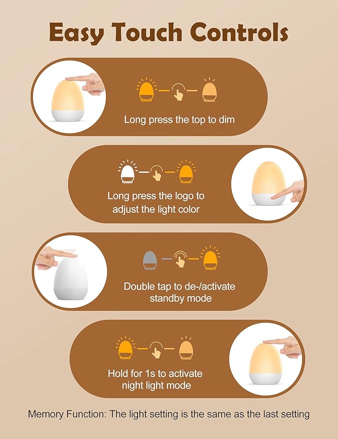 JolyWell Baby Night Light for Kid, Portable Egg Nightlight with Stable Charging Pad, Touch Nursery Night Lamp for Breastfeeding, Toddler Night Light for Bedroom, Timer Setting, ABS+PC, White-2-CubbioJoy