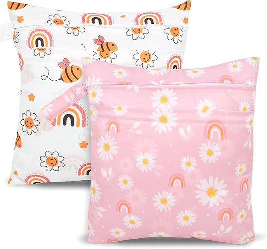 2pcs Cloth Diaper Wet Dry Bags, Waterproof Reusable Wet Bag with 2 Zipper Pockets & Handle, Washable Laundry Bags for Baby Adult Clothes Travel Beach Pool Daycare Yoga Gym Exercise Swimsuits,-CubbioJoy