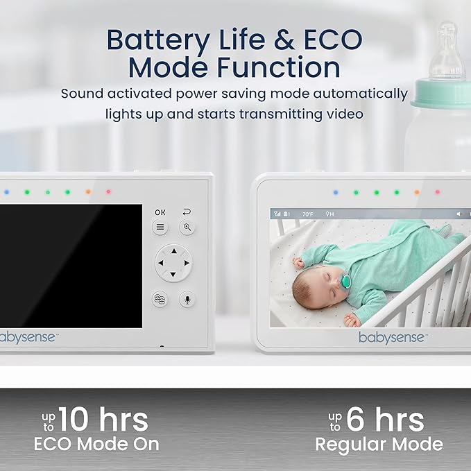 Babysense Baby Monitor with 2 Cameras and Audio 4.3", Non Wifi Baby Monitor, Dual Split Screen, Portable Double Sleep Video Monitoring, Auto Night Vision & Light, Lullabies & White Noise Two-Way Audio-CubbioJoy