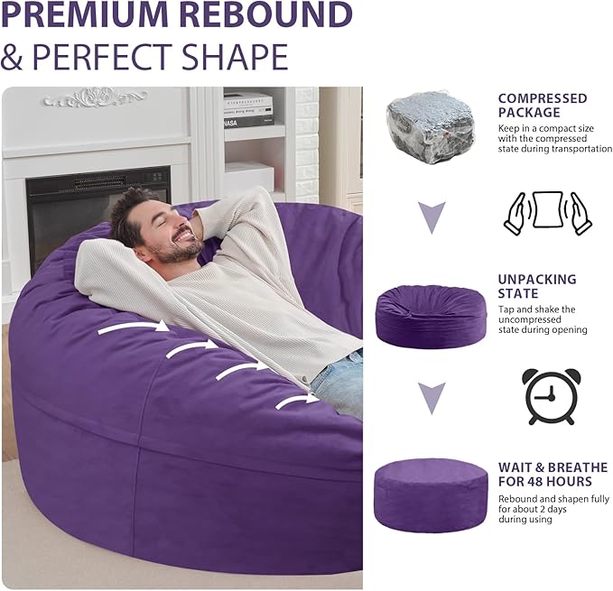 6FT Bean Bag Chair, Large Bean Bag Chairs with Memory Foam Filled, Fluffy Beanbag Sofa with Dutch Velvet Cover, Round BeanBag Chairs for Living Room, Playroom - Purple-CubbioJoy