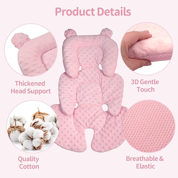 3in1 Reversible Carseat Head Body Support Newborn,3D Minnky Infant Car Seat Insert,Extra Soft Breathable Baby Car Seat Pillow Cushion Boys Girls,fit Stroller,Bouncer,Swing(Pink)-CubbioJoy