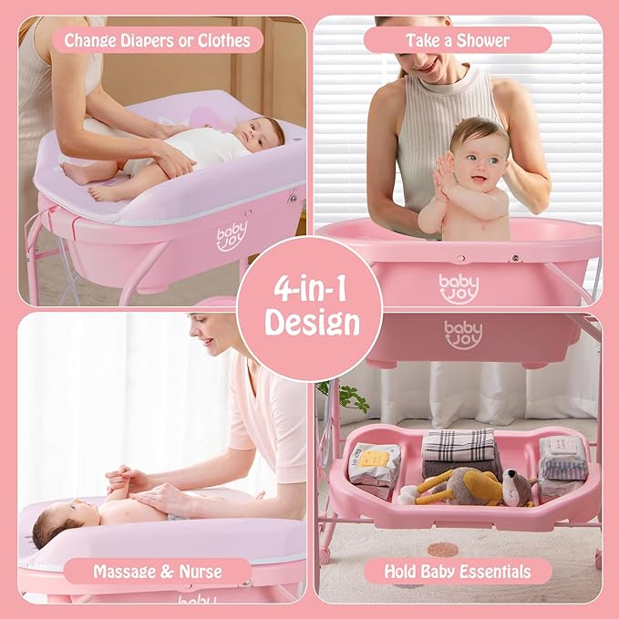 BABY JOY Baby Bathtub with Changing Table, Foldable Infant Diaper Changing Station with Storage Tray, Waterproof Pad, Portable Newborn Nursery Organizer Bath Stand with 4 Universal Wheels (Pink)-CubbioJoy