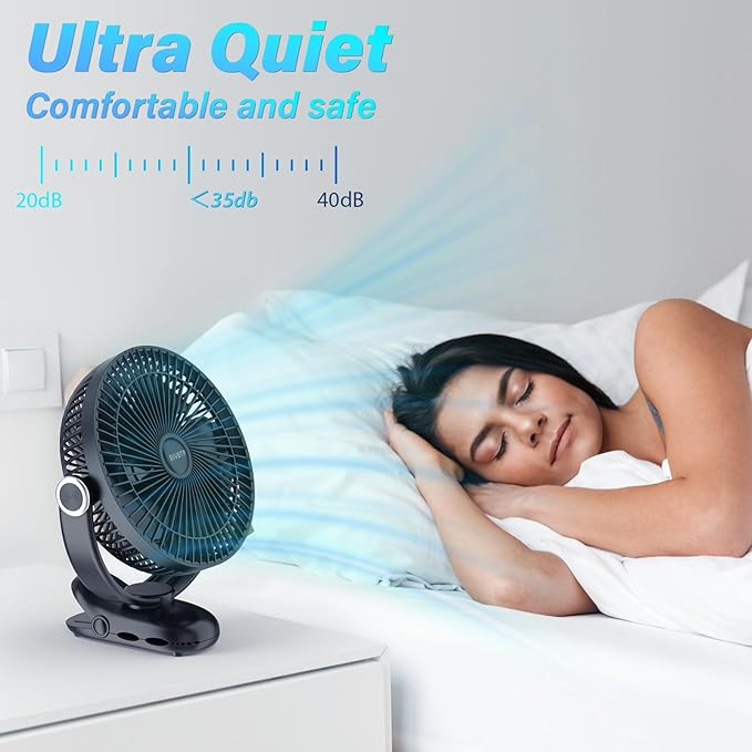 12000mAh Clip on Fan 30H Longest Runtime, 8in Portable Fan Rechargeable, Ultra Quiet with Heavy-Duty Clamp, USB Desk Fans for Golf Cart,Office Desk, Treadmill, Camping, Bedroom-CubbioJoy