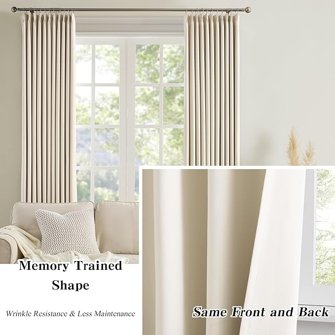 KEQIAOSUOCAI Pleated 60 Wide Curtains for Windows 105 inch Length - Solid Thermal Insulated Pinch Pleats Panels for Living Room (Cream Beige, W60 x L105, 2 Panels = 120" Wide)-CubbioJoy