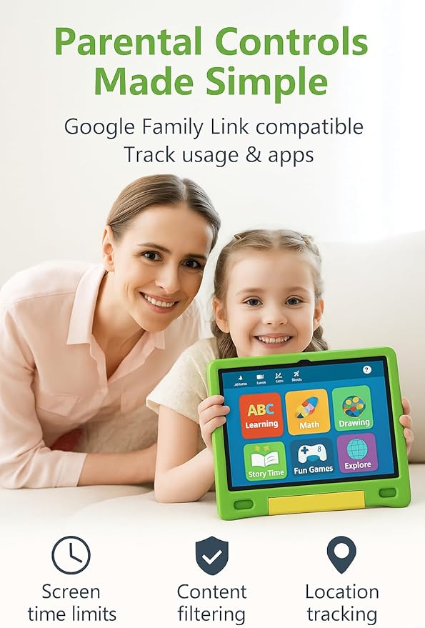 10.1 Inch Kids Tablet with Shockproof Case | Android 14, 64GB+8GB RAM, 12H Battery | Parental Control, Google Kids Space & Preloaded Educational Apps | WiFi 6, HD Display, Ages 3-12-CubbioJoy