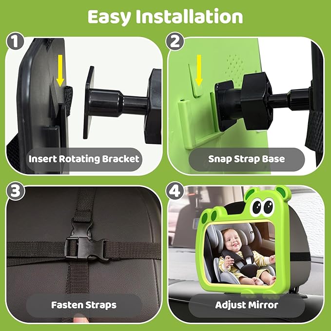 2-in-1 Baby Car Mirror with Lights & Soft Sounds, Cry Detector, Clear Night View, 360° Rotation, Shatterproof, Rear Facing Baby Car Seat Mirror with Remote Control, Perfect Baby Shower Gifts (Green)-CubbioJoy