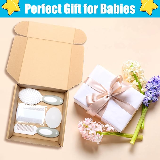 Baby Hair Brush and Comb Set, 4Pcs Baby Soft Bristles Brush Cradle Cap Brush Hair Comb for Newborns Toddlers Boys Girls (Grey)-CubbioJoy