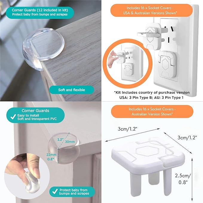 Baby Proofing Kit 67pcs All in One Includes Magnetic Cabinet Locks for Baby Proofing, Corner Bumper Protectors, Child Safety Strap Locks, Power Point Outlet Covers, Finger Pinch Guards & Bath Toys-CubbioJoy