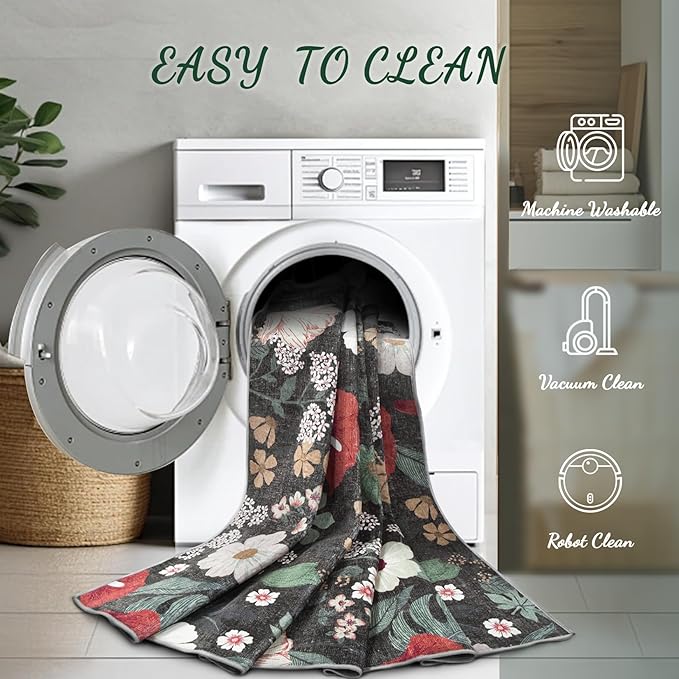 Area Rug Living Room Rugs: 6x9 Washable Rug Vintage Floral Soft Boho Non Slip Carpet Indoor Floor Non Shedding Low Pile Thin Carpets for Bedroom Dining Room Farmhouse Nursery Home Office Green-CubbioJoy