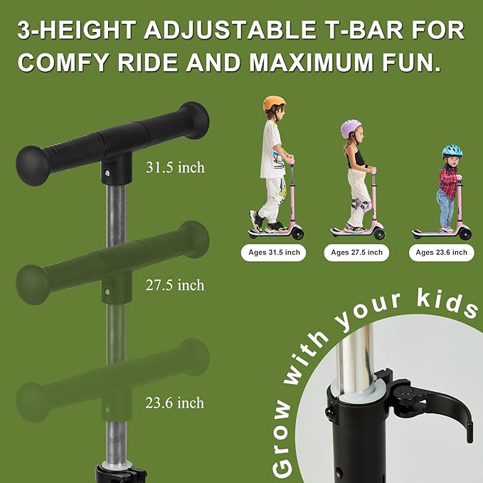 3-Wheel Light-Up Kids Scooter, 20 Different Light Patterns,Three Adjustable Heights,Lean to Steer, Balance Scooter for Ages 3-8-CubbioJoy