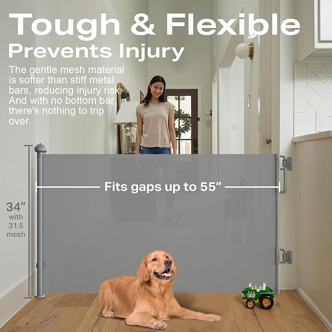 Cumbor 55" Wide Retractable Baby Gates for Doorways, Mom's Choice Award - Mesh Dog Gate for The House, One-Hand Opening Safety Child Gates for Stairs, Pet Puppy Fence Indoor & Outdoor, Gray-CubbioJoy