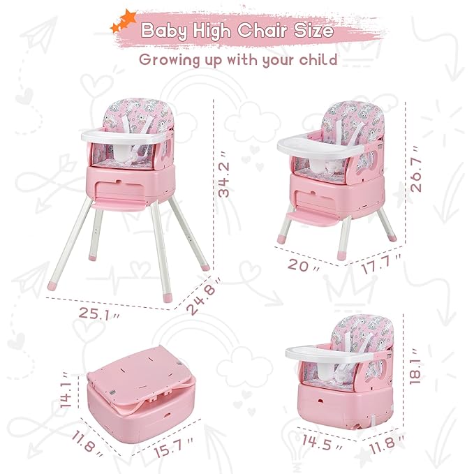 4 in 1 Portable Baby High Chair,Convertible Highchair for Babies & Toddlers-Foldable Infant Booster Seat,Carry Small Box,Dining Chair,Toddler High Chair with 5-Point Harness,Removable Tray-Pink-CubbioJoy