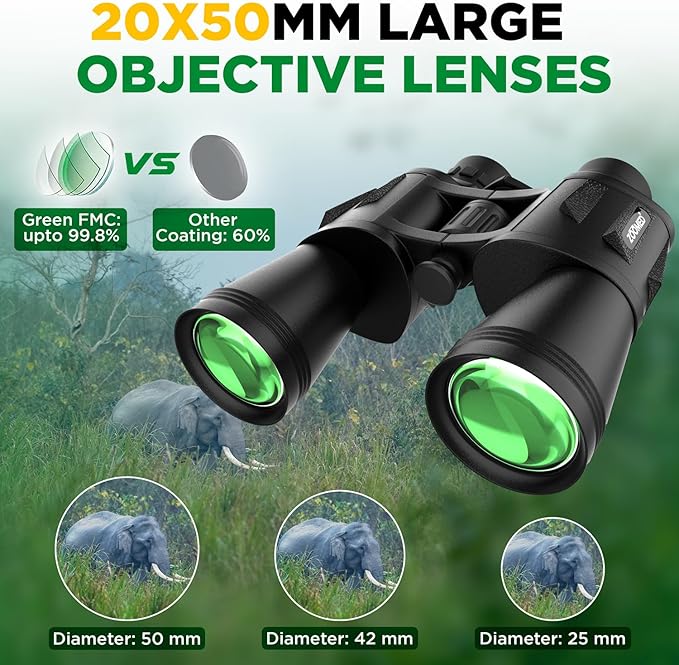 Binoculars with Smart Phone Bracket Adapter, Militar, 20x50, Adults, Bird Watching, High Power Waterproof with Low Light Night Vision for Hunting, Travel, Games, Carrying Case Strap.-CubbioJoy