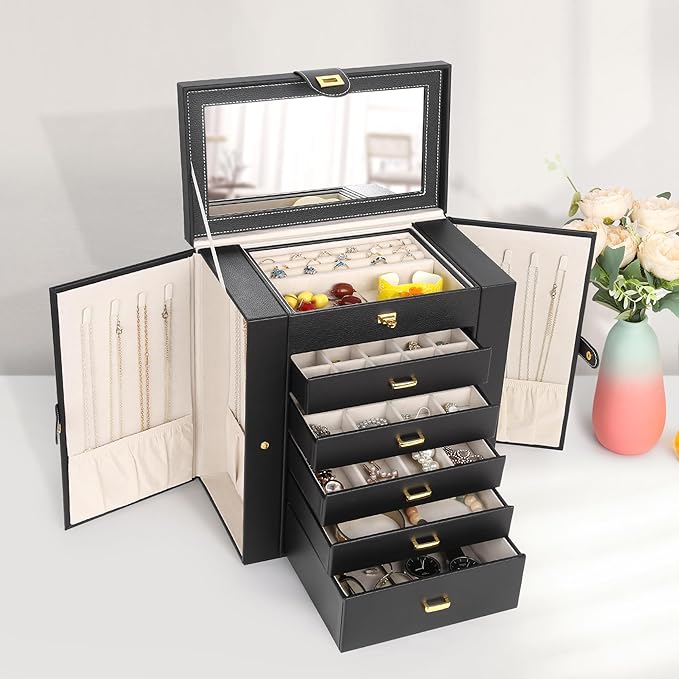 Kendal Extra Large Jewelry Box Jewelry Case PU Leather 6 Tier 5 Drawers Large Storage Capacity with Mirror Jewelry Storage Organizer Great Gift Also Good For Watches LJC-SHD5BK (black)-CubbioJoy