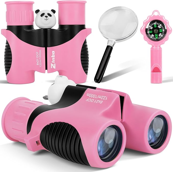 Binoculars for Kids, Toys for 3-12 Year Old Girls and Boys, Bird Watching Hiking Outdoor Learning Toy with Magnifying Glass &Compass, Birthday Easter Gifts Toys for Boy Kid Ages 3-6 (Pink)-CubbioJoy