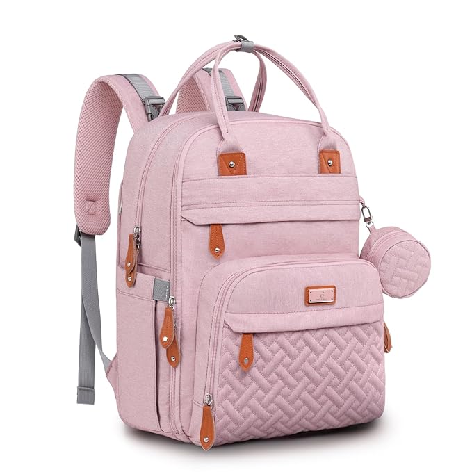 BabbleRoo Diaper Bag Backpack - Baby Essentials Travel Tote - Multi function Water Resistant Diaper Bag, Travel Essentials Baby Bag with Changing Pad, Stroller Straps & Pacifier Case - Unisex, Pink-CubbioJoy